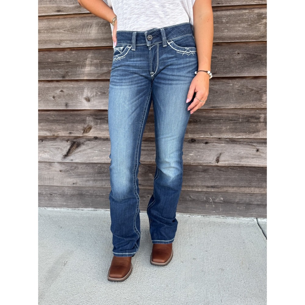 Ariat Real Mid Rise Boot Entwined Jeans 26S Marine Dark Wash Bootcut Western